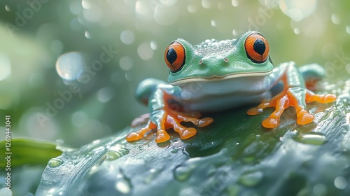 Vibrant green frog sitting on a leaf covered in droplets after a rain in a lu...
