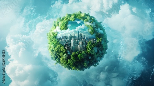 Floating Green Earth Sphere City, Sustainability Concept photo