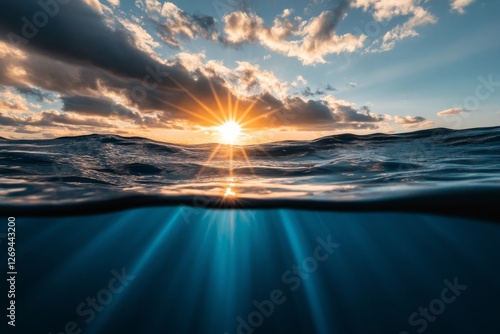 Serene sunlight breaks through clouds over a calm river surrounded by lush gr...