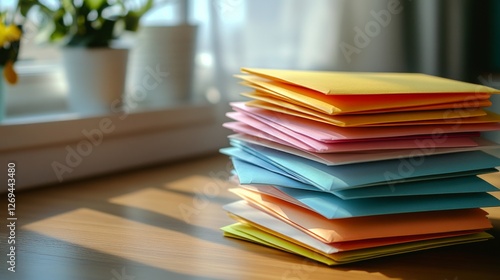 Colorful stationery arranged on wooden surface near bright window with greene...