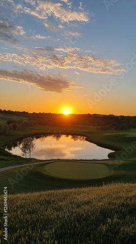 Serene sunset over a golf course pond with lush greenery and vibrant clouds
