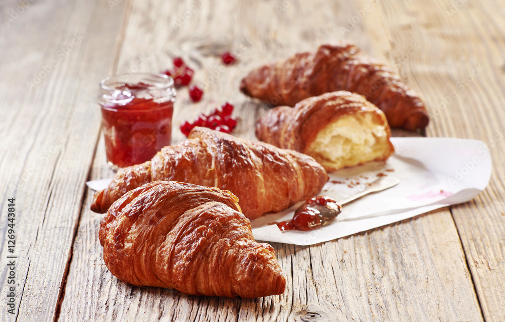 Obraz premium Świeże i chrupiące francuskie rogaliki croissant obok słoika dżemu