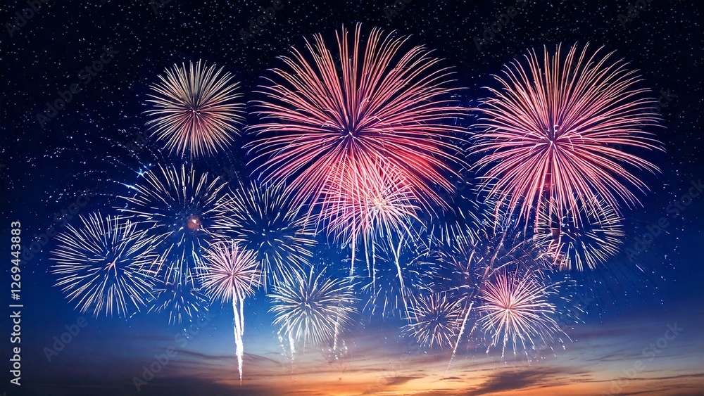 Fototapeta premium 青い夜空に輝く綺麗で美しい打ち上げ花火のイメージ 背景素材 AI生成素材