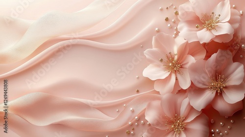 Soft pink petals and elegant fabric create serene decor in a delicate design ...