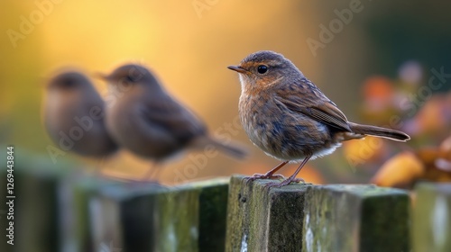 Bird perched on wooden fence with soft sunlight and blurred background