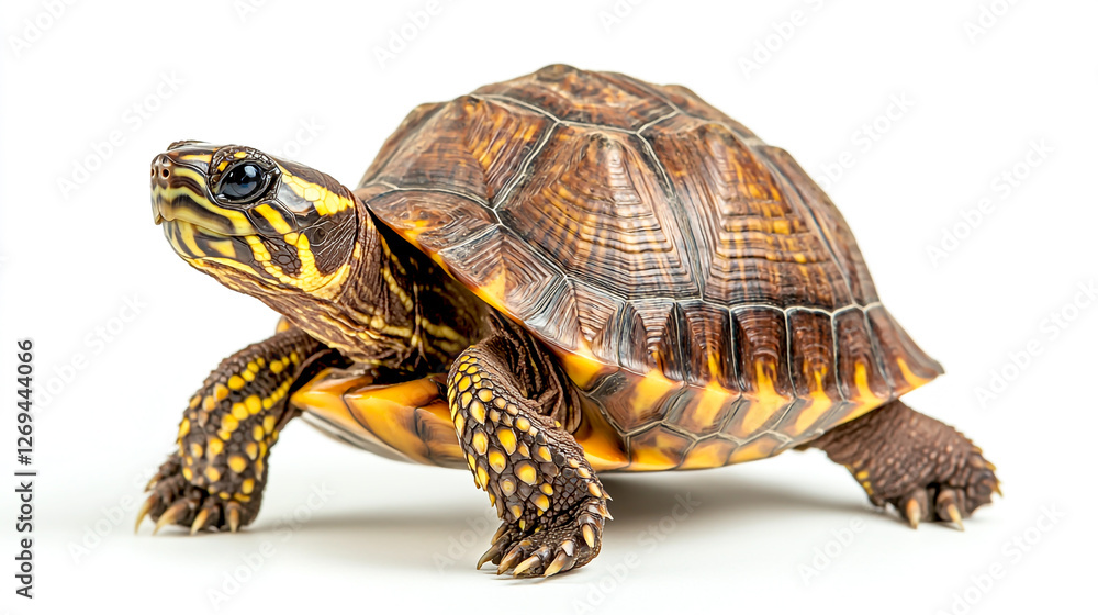 Naklejka premium Close-up of an Oriental box turtle walking on its hind legs, isolated on a white background