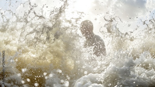 Surfer rides giant wave under dramatic sky at midday, showcasing skill and de...