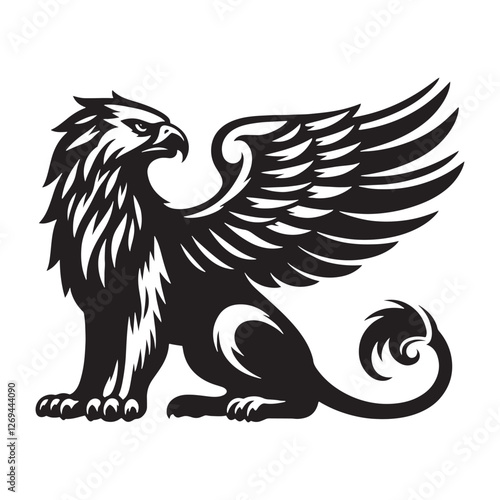 Griffin silhouette with mighty wings, dominating the horizon - Griffin illustration - Minimalist Griffin vector - Mythical creature silhouette
