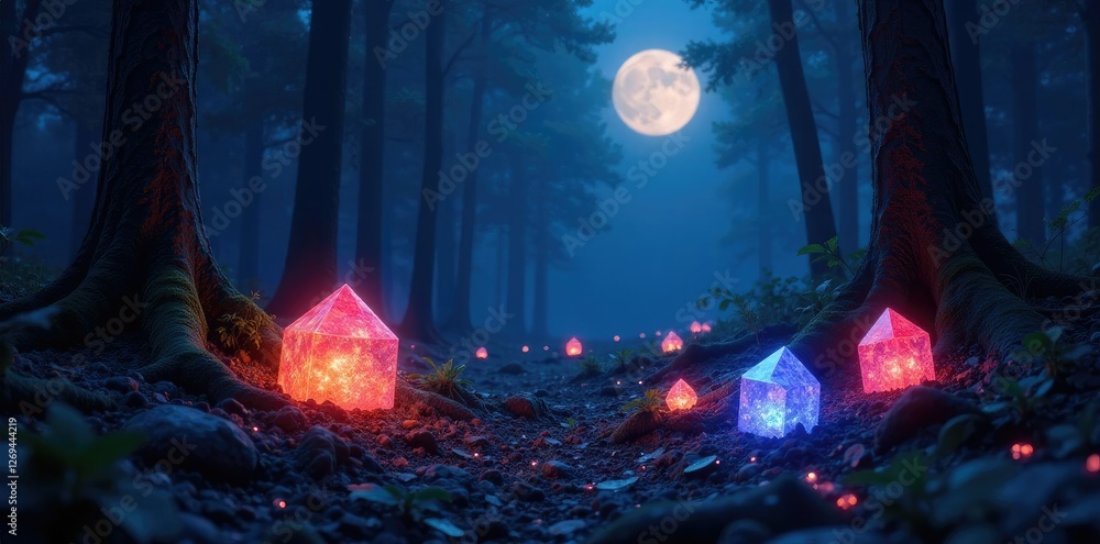 Fototapeta premium The forest floor is carpeted with glowing crystals under moonlight, radiant crystals, night scene