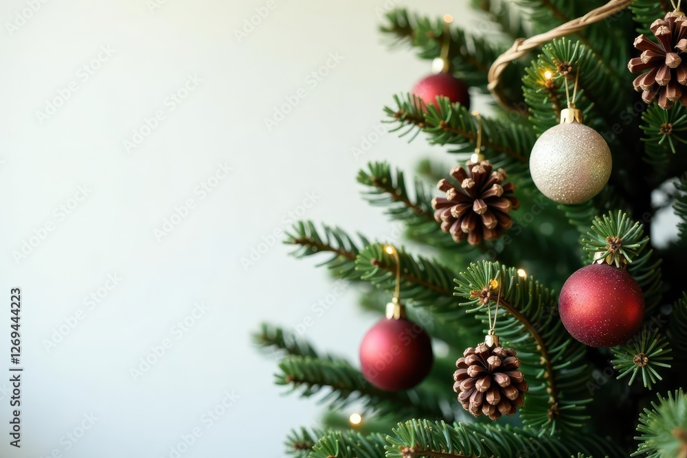 Modern Minimalist Christmas Tree with Pinecones, organic textures, rustic charm, woven garland Modern Minimalist Christmas Tree with Pinecones, organic textures, rustic charm, woven garland