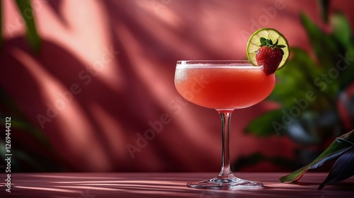 Refreshing fruit cocktail garnished with lime and strawberry against a vibran...