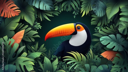 Colorful toucan surrounded by lush tropical foliage in a vibrant rainforest s...