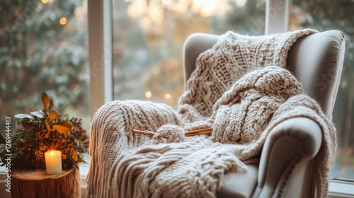 Cozy armchair draped with a blanket in a sunlit room with a houseplant