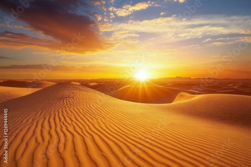 Sunset over wind-swept sand dunes in a vast desert landscape during golden hour