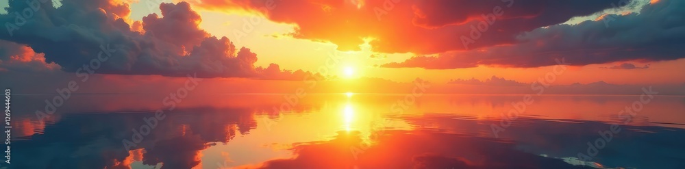 Fototapeta premium The surreal sunset sky appears to melt into a warm golden light reflected off an abstract mirror, abstract, atmospheric