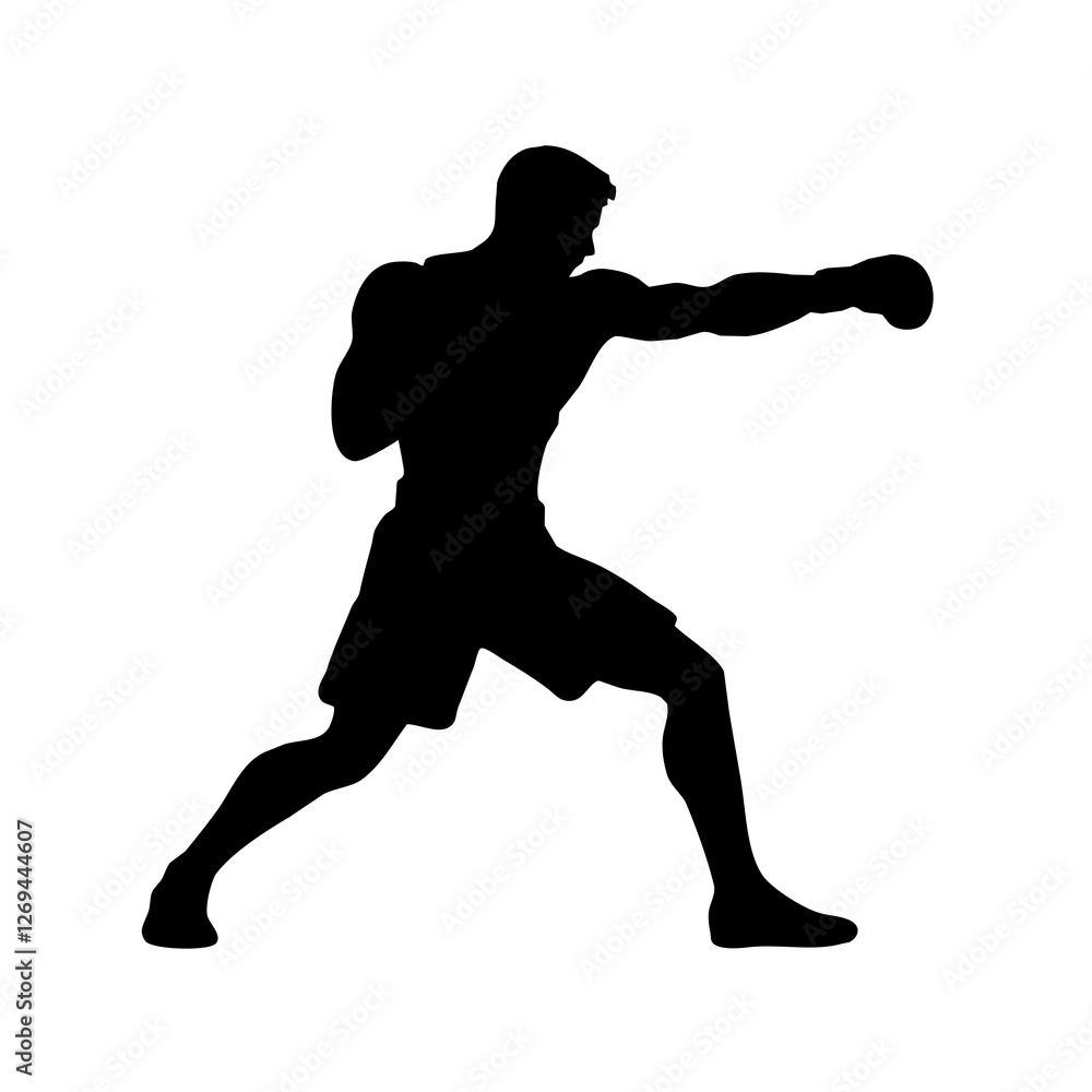 a black icon of a boxer punching and throwing a fist silhouette isolated on white a black icon of a boxer punching and throwing a fist silhouette isolated on white