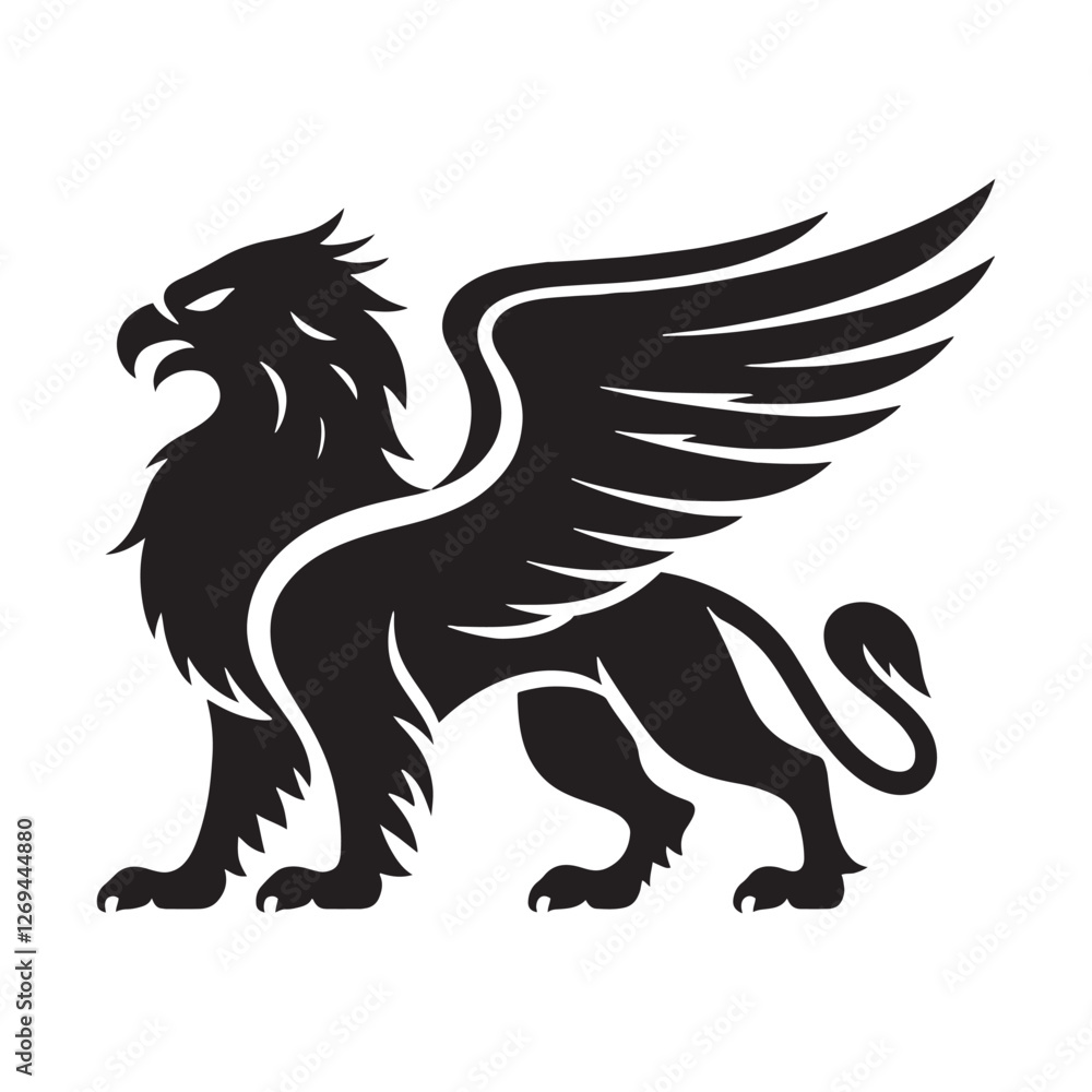 Obraz premium Griffin silhouette soaring across the stars in mythic grandeur - Griffin illustration - Minimalist Griffin vector - Mythical creature silhouette 