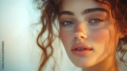 Close-up portrait of a young woman with blue eyes surrounded by soft pink flo...