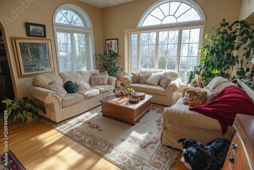 Cozy living room with soft lighting and plants, featuring comfortable furnitu...