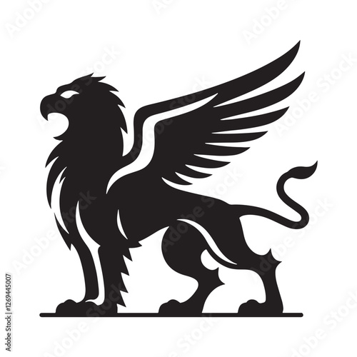 Griffin silhouette guarding an enchanted treasure hoard - Griffin illustration - Minimalist Griffin vector - Mythical creature silhouette
