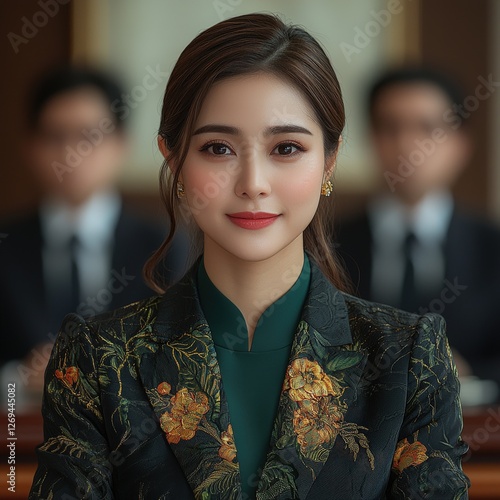 Confident professional woman in tailored suit posing elegantly with a positive expression photo