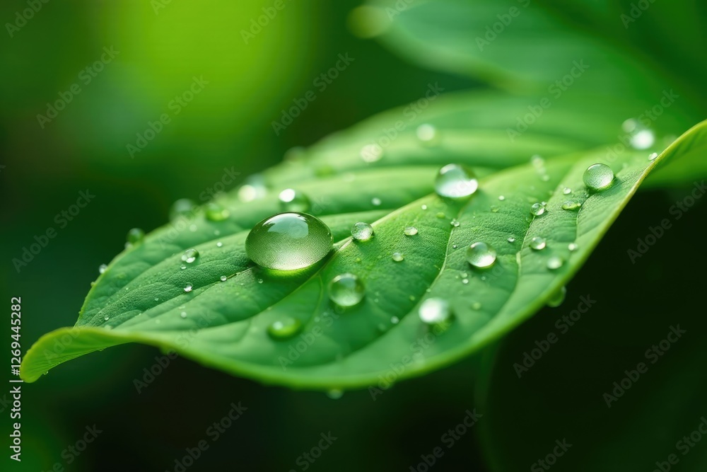 Tiny raindrops cling to the surface of a sun-drenched leaf, leafy greens, water droplets Tiny raindrops cling to the surface of a sun-drenched leaf, leafy greens, water droplets
