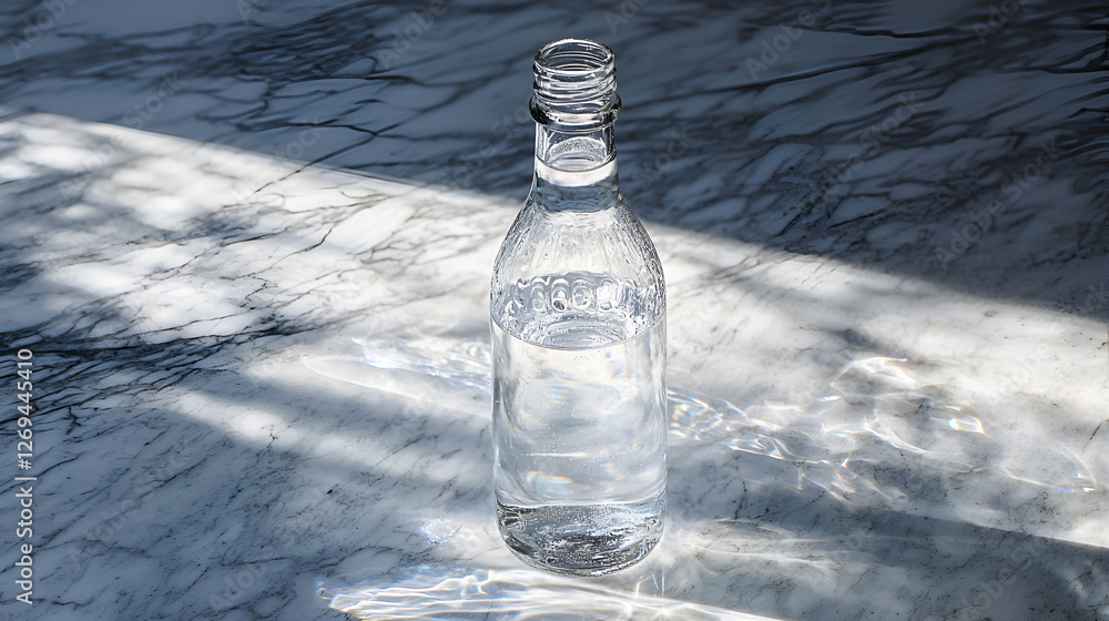 Glass bottle filled with water sitting on a textured surface with a shadow on the left side. Glass bottle filled with water sitting on a textured surface with a shadow on the left side.