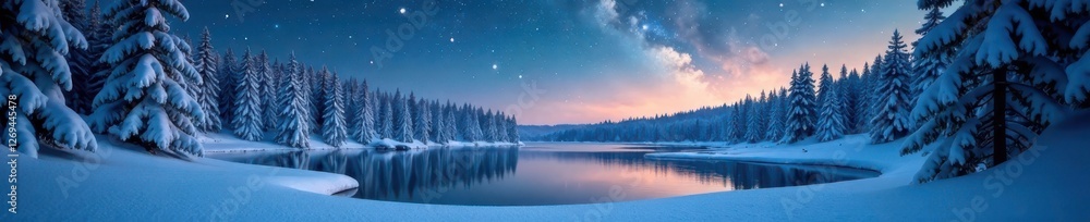 Snowflakes fall gently on a frozen forest lake under an endless starry sky with surrounding snow-covered trees, sky, stars