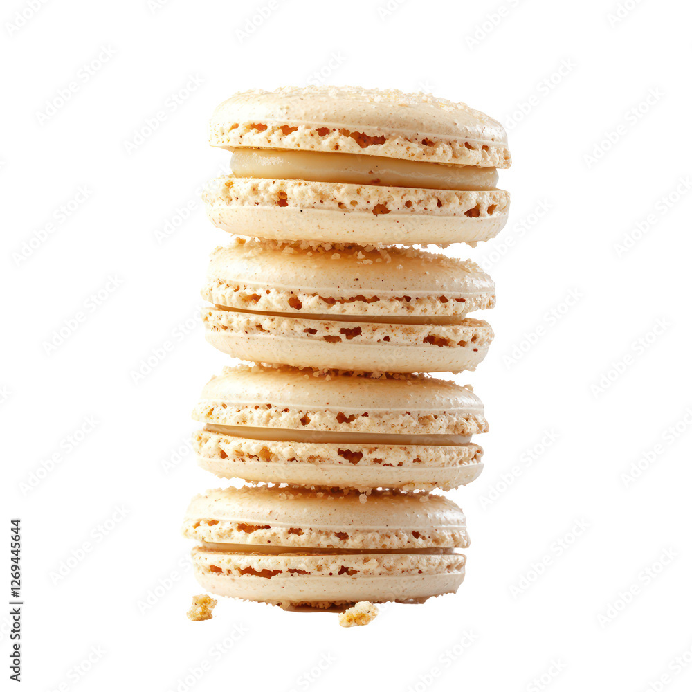 This image showcases a vertical stack of four beige colored macarons with a creamy filling, highlighting their texture and delicious appearance. This image showcases a vertical stack of four beige colored macarons with a creamy filling, highlighting their texture and delicious appearance.