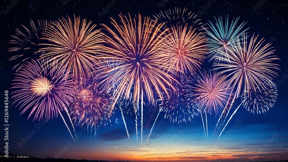 Fototapeta premium 青い夜空に輝く綺麗で美しい打ち上げ花火のイメージ 背景素材 AI生成素材