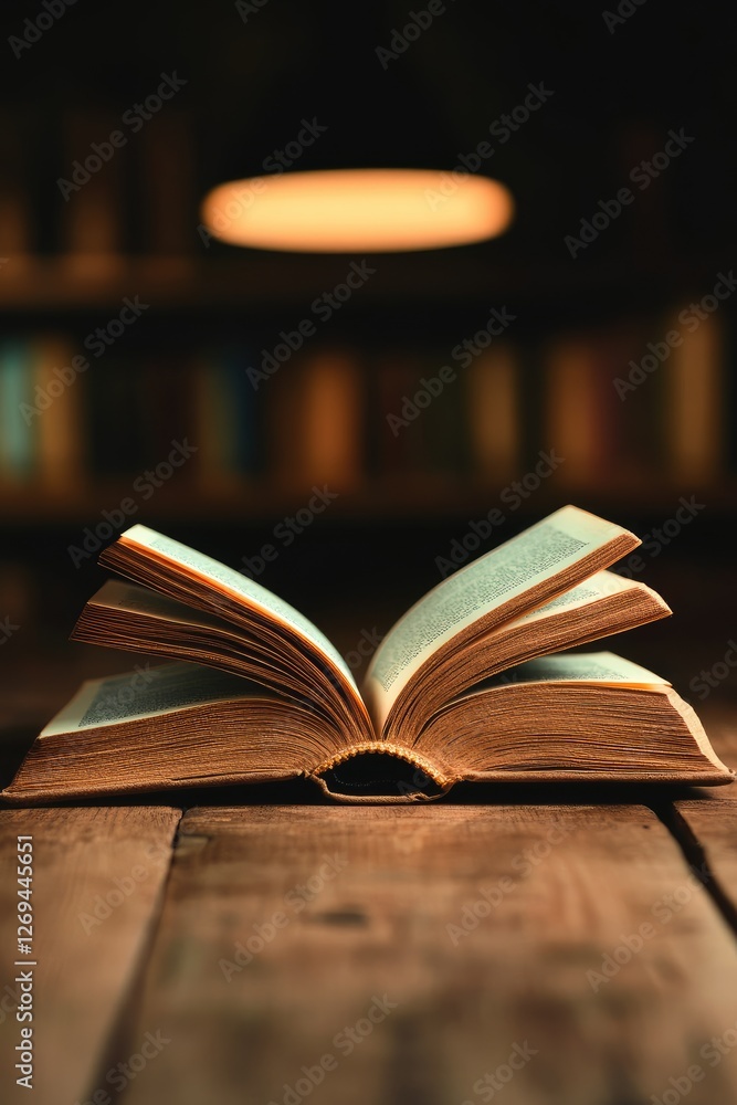 Fototapeta premium Open Book on Wooden Table in Cozy Library Setting with Warm Lighting