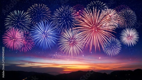 青い夜空に輝く綺麗で美しい打ち上げ花火のイメージ 背景素材 AI生成素材