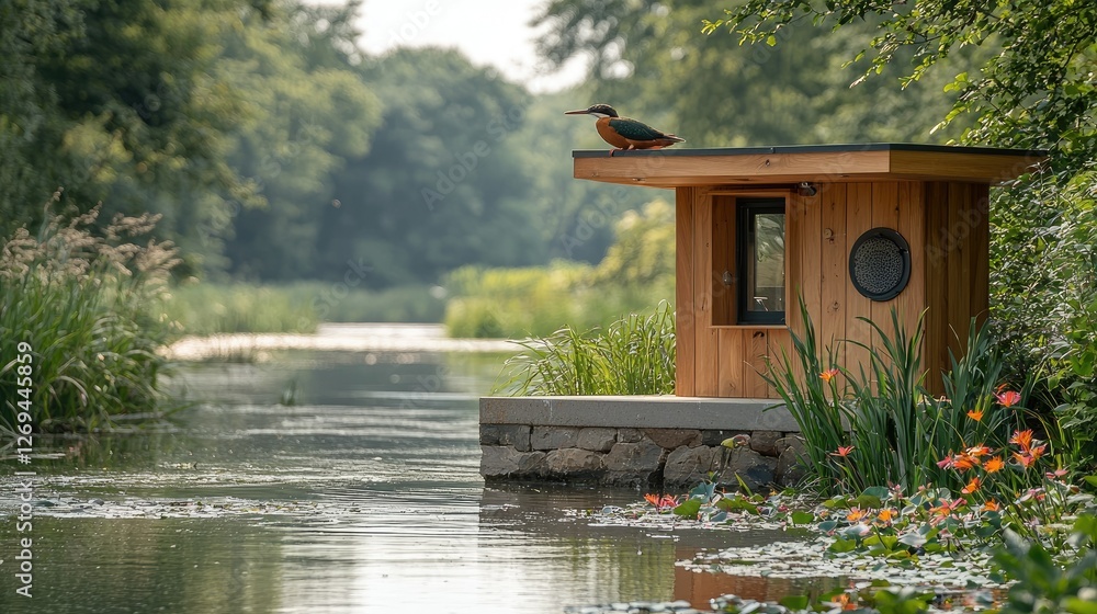 Kingfisher Perched On Lakeside Wooden Shelter Kingfisher Perched On Lakeside Wooden Shelter