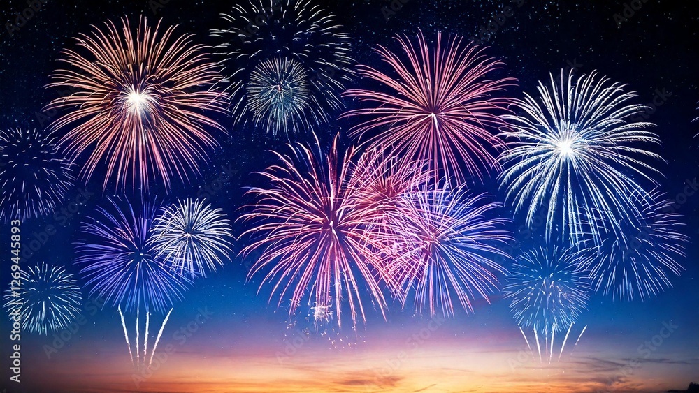 Fototapeta premium 青い夜空に輝く綺麗で美しい打ち上げ花火のイメージ 背景素材 AI生成素材