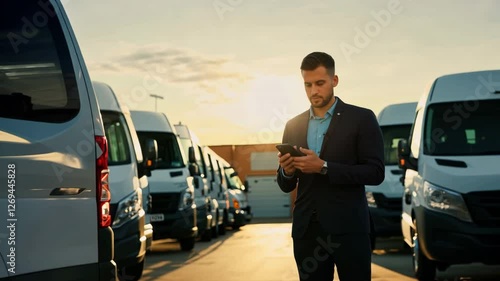 Man in Suit Uses Smartphone in Parking Lot with Fleet of White Vans Under Sunset Sky, Highlighting Business and Transportation Scene