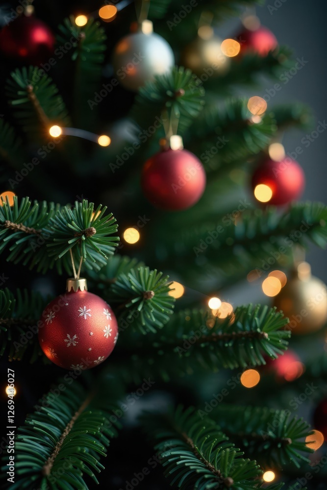 Fototapeta premium Softly focused ornaments and lights adorn a dark green Christmas tree, lights, winter, bokeh