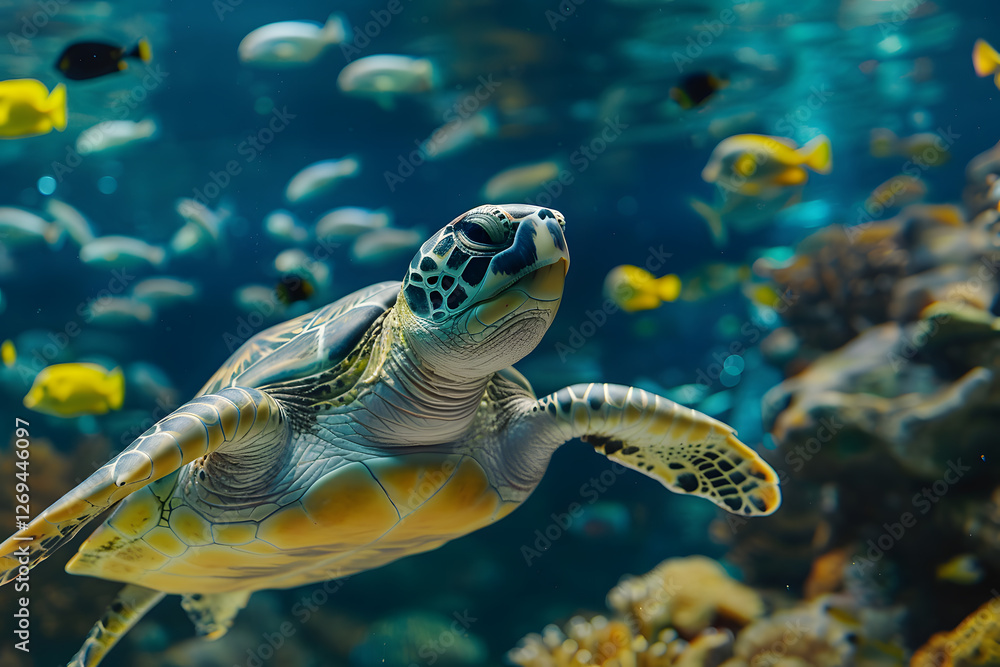 Obraz premium Graceful sea turtle swimming in coral reef