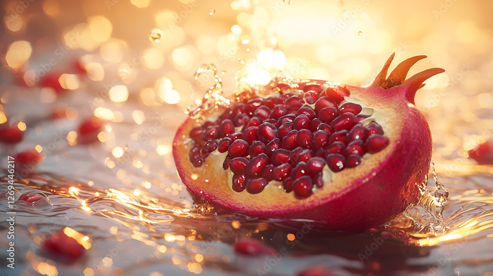 A vibrant pomegranate half is captured amidst splashing water, radiating health and natural goodness. A vibrant pomegranate half is captured amidst splashing water, radiating health and natural goodness.
