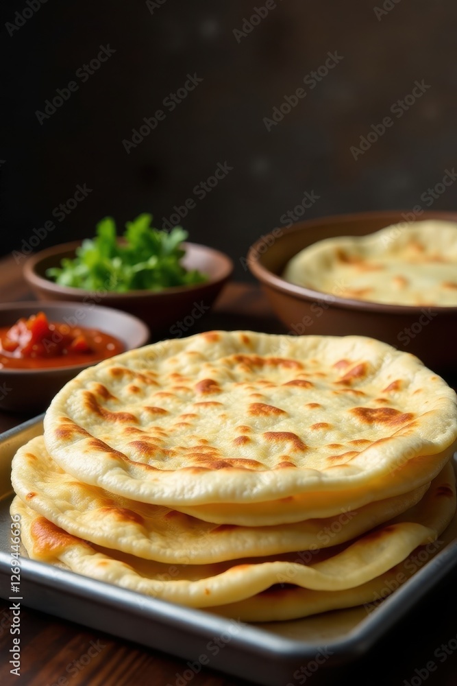 Stacked layers of flaky chapatis on a metal baking tray, bread, meal Stacked layers of flaky chapatis on a metal baking tray, bread, meal