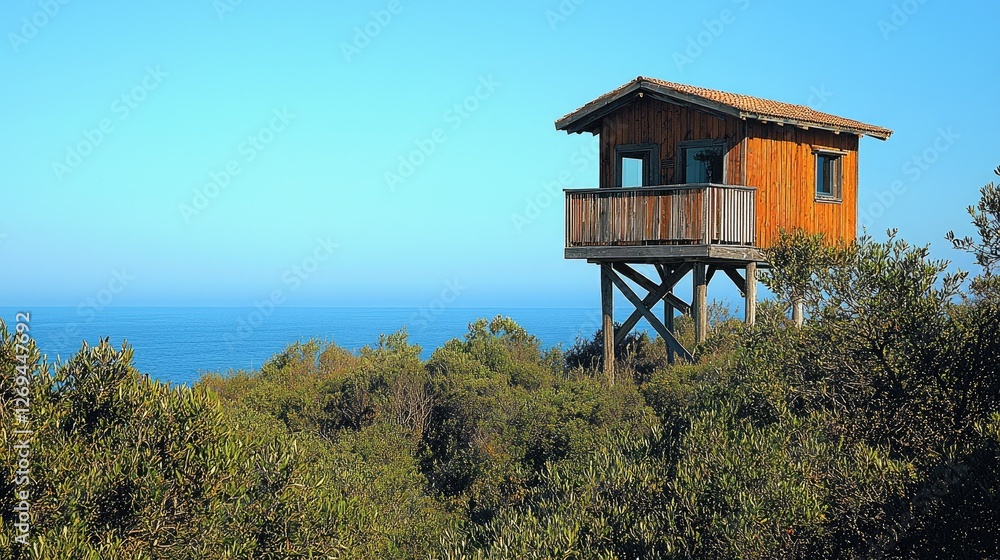Elevated Wooden Cabin Overlooking Coastal Vegetation Elevated Wooden Cabin Overlooking Coastal Vegetation