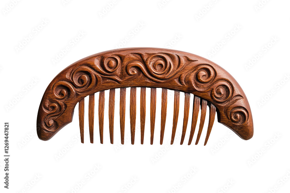 The image displays a meticulously crafted, wooden hair comb featuring ornate, swirling carvings against a transparent backdrop. The image displays a meticulously crafted, wooden hair comb featuring ornate, swirling carvings against a transparent backdrop.