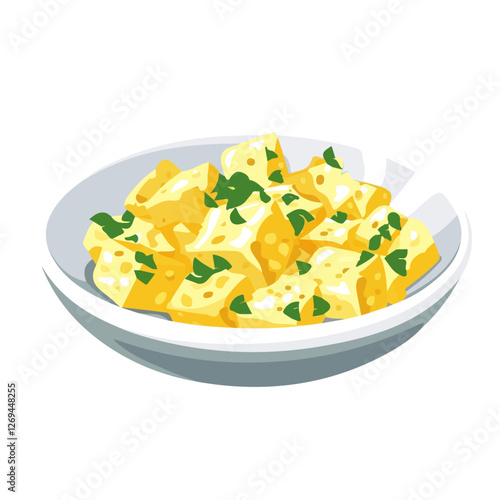 Scrambled tofu, 2D flat vector illustration, isolated on a white background.

