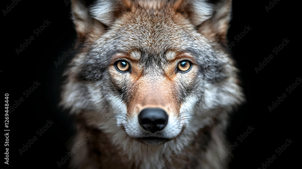 Wolf portrait, intense gaze, dark background, wildlife photography, nature print Wolf portrait, intense gaze, dark background, wildlife photography, nature print