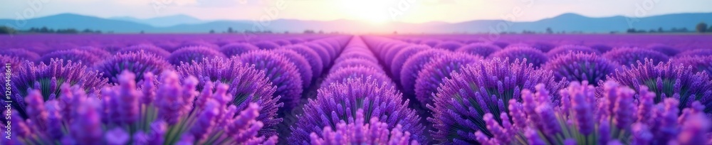 Fototapeta premium A field of lavender stretching towards the horizon, purple flowers, floral arrangement, natural scenery