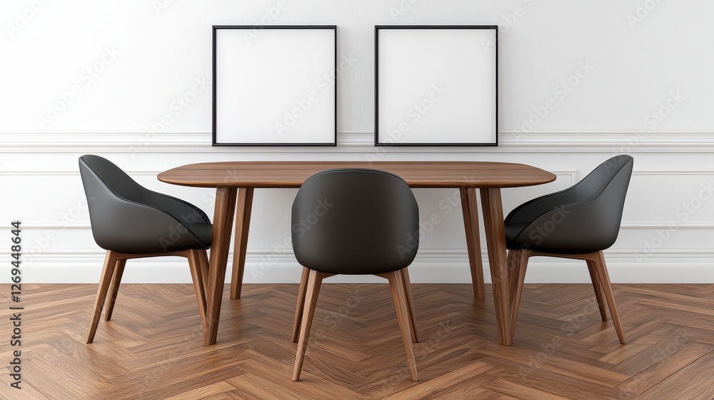 Fototapeta premium Modern dining room interior with two blank square frames on a white wall above a wooden dining table with four black chairs. Warm lighting and
