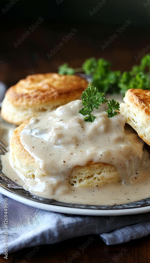 Delicious warm biscuits covered in creamy gravy a comforting classic dish to savor Delicious warm biscuits covered in creamy gravy a comforting classic dish to savor