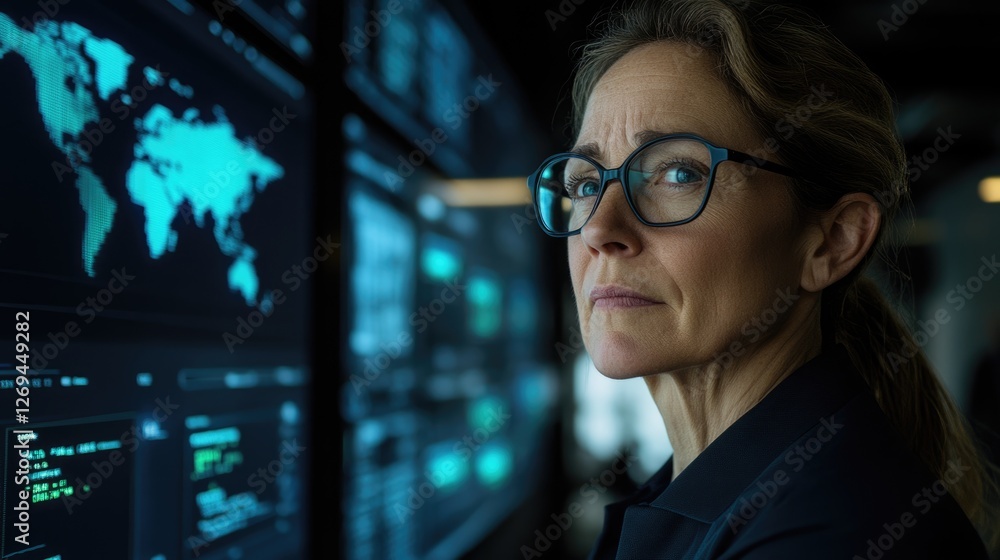 Focused analyst monitoring global data trends Focused analyst monitoring global data trends