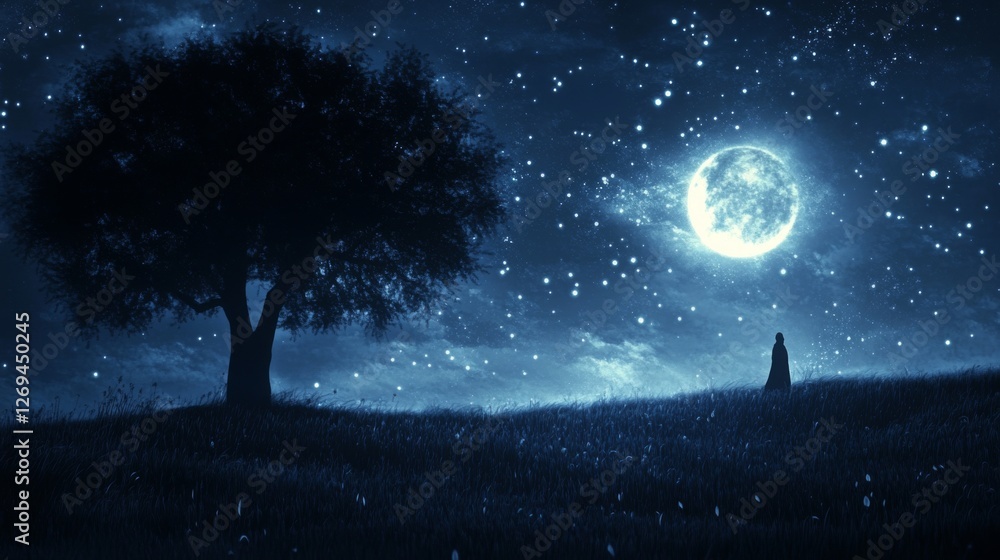 Silhouette of person under starry sky with full moon and tree at night Silhouette of person under starry sky with full moon and tree at night