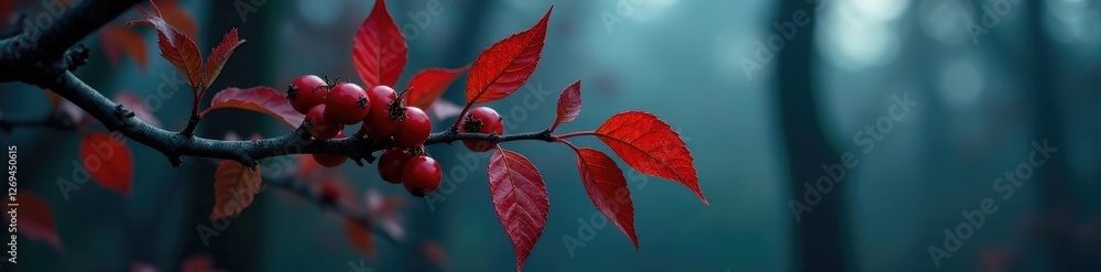 Fototapeta premium Dead leaf-covered branch with glowing red berries, dead tree branches, haunted forest, autumn nights
