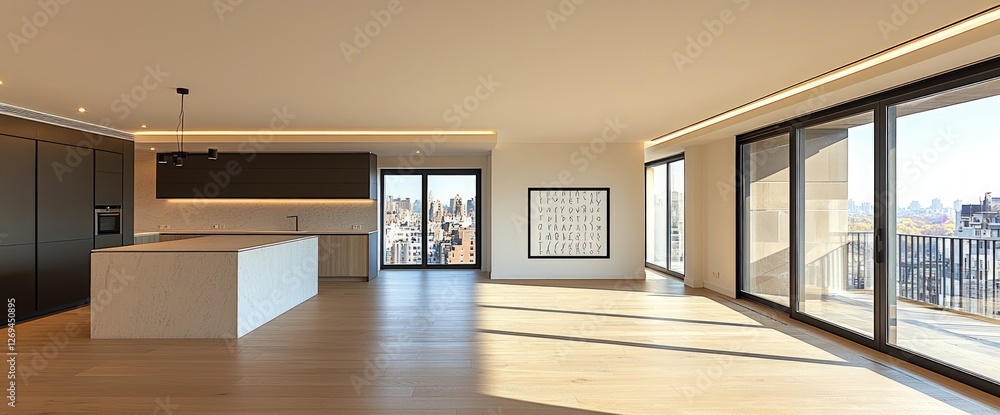 Large open-plan kitchen, minimalistic design, and an empty frame for quotes isolated Large open-plan kitchen, minimalistic design, and an empty frame for quotes isolated